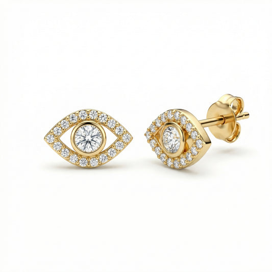 Evil Eye Stud Earrings in 18K Gold Vermeil. No green marks, perfect for daily wear.
