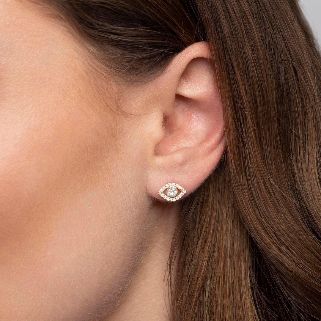 Close detail of the Evil Eye Stud Earrings in 18K Gold Vermeil. Tarnish-resistant, premium handmade jewelry.