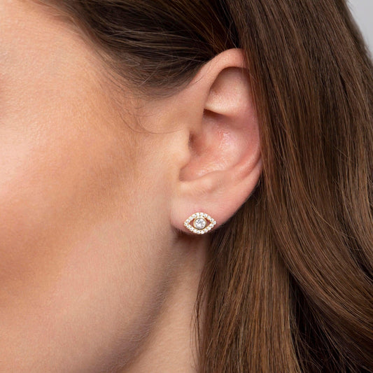 Close detail of the Evil Eye Stud Earrings in 18K Gold Vermeil. Tarnish-resistant, premium handmade jewelry.