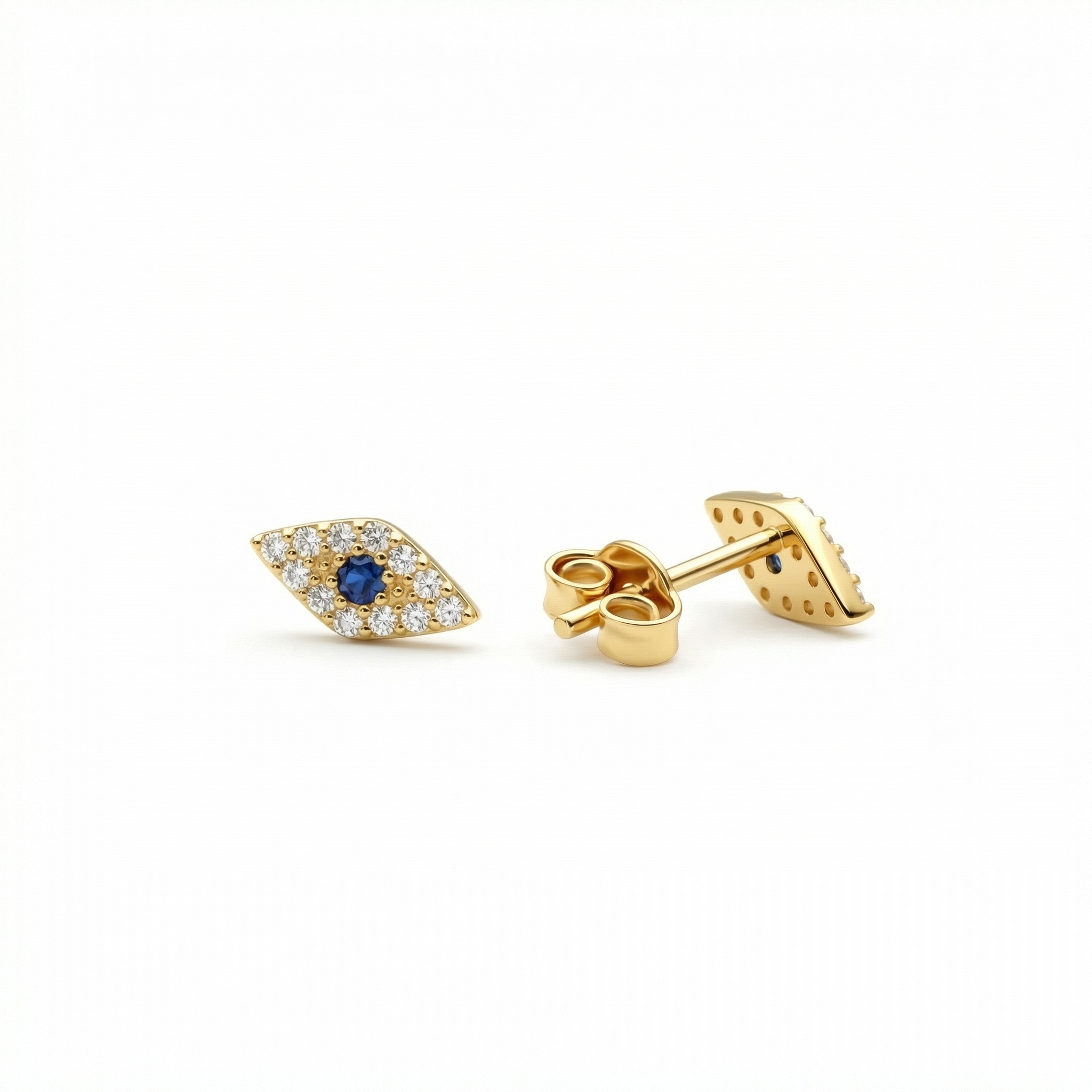 Evil Eye Stud Earrings in 18K Gold Vermeil. No green marks, perfect for daily wear.