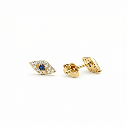 Evil Eye Stud Earrings in 18K Gold Vermeil. No green marks, perfect for daily wear.