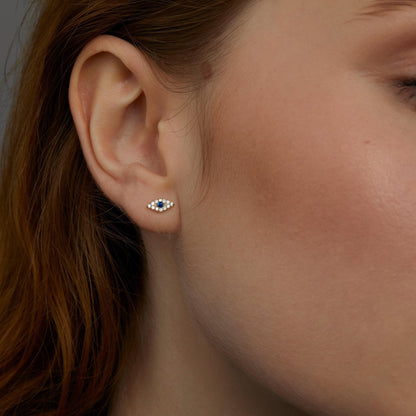 Close detail of the Evil Eye Stud Earrings in 18K Gold Vermeil. Tarnish-resistant, premium handmade jewelry.
