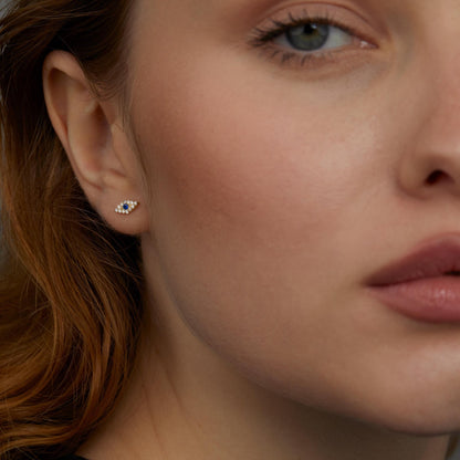 The Evil Eye Stud Earrings styled in 18K Gold Vermeil — elegant everyday jewelry. Hypoallergenic for sensitive ears.