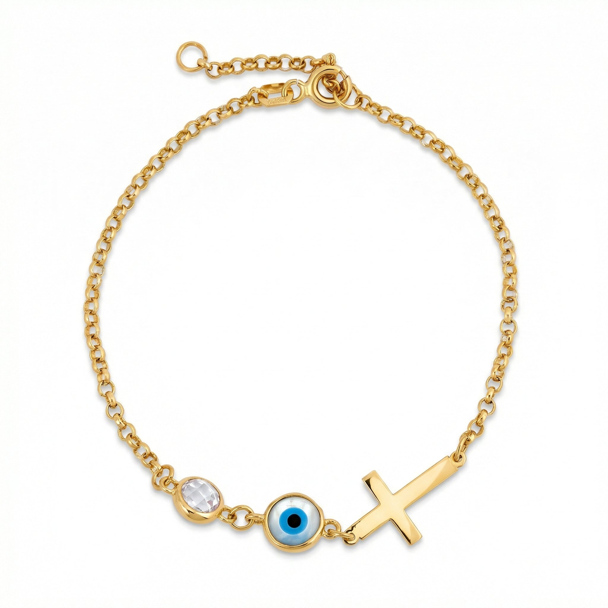 Evil Eye with Cross Bracelet in 18K Gold Vermeil. Tarnish-resistant, perfect for daily wear.
