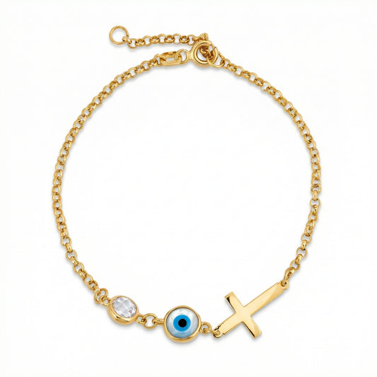 Evil Eye with Cross Bracelet in 18K Gold Vermeil. Tarnish-resistant, perfect for daily wear.