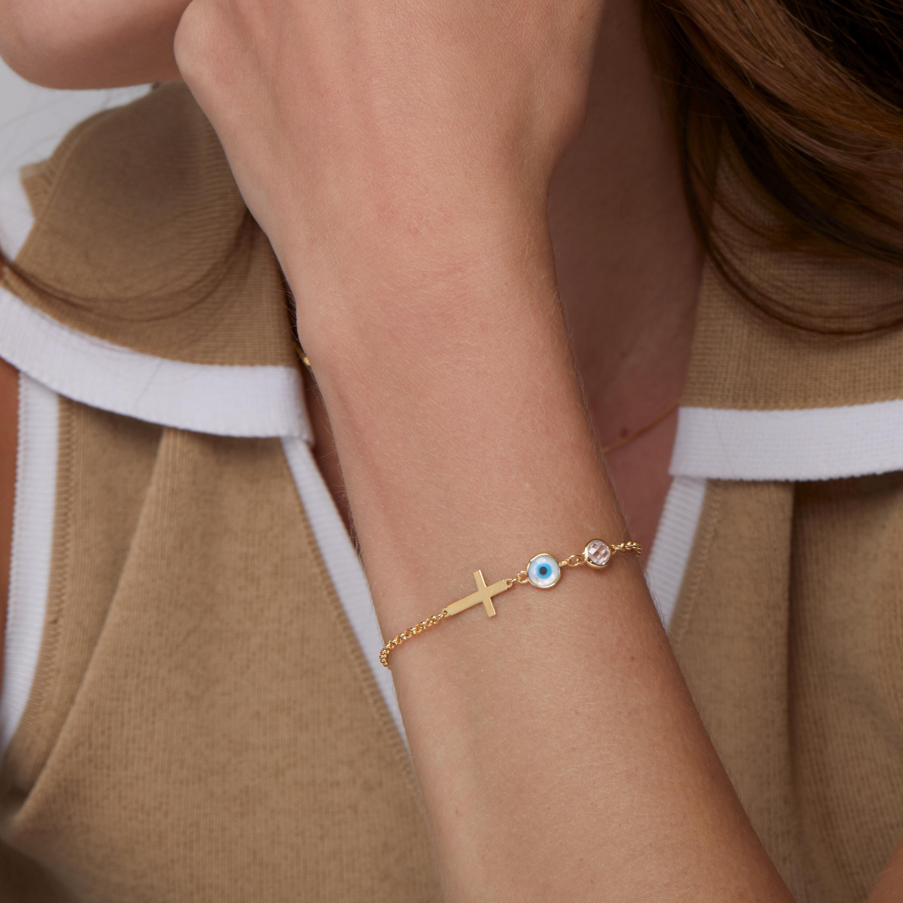 Evil Eye with Cross Bracelet as a thoughtful birthday gift in 18K Gold Vermeil. Hypoallergenic, no green marks.