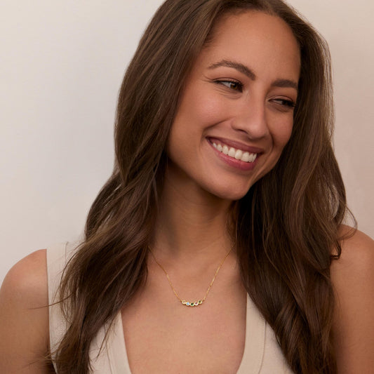 Close detail of the Family Birthstone Necklace in 18K Gold Vermeil with Birthstone. Safe for sensitive skin, premium.