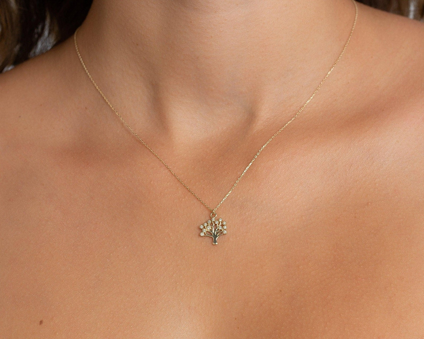 The Family Tree Necklace styled in 18K Gold Vermeil — elegant everyday jewelry. Hypoallergenic, no green marks.