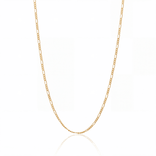Figaro chain necklace in 18K gold, 2.2 mm flat figaro link chain on white background