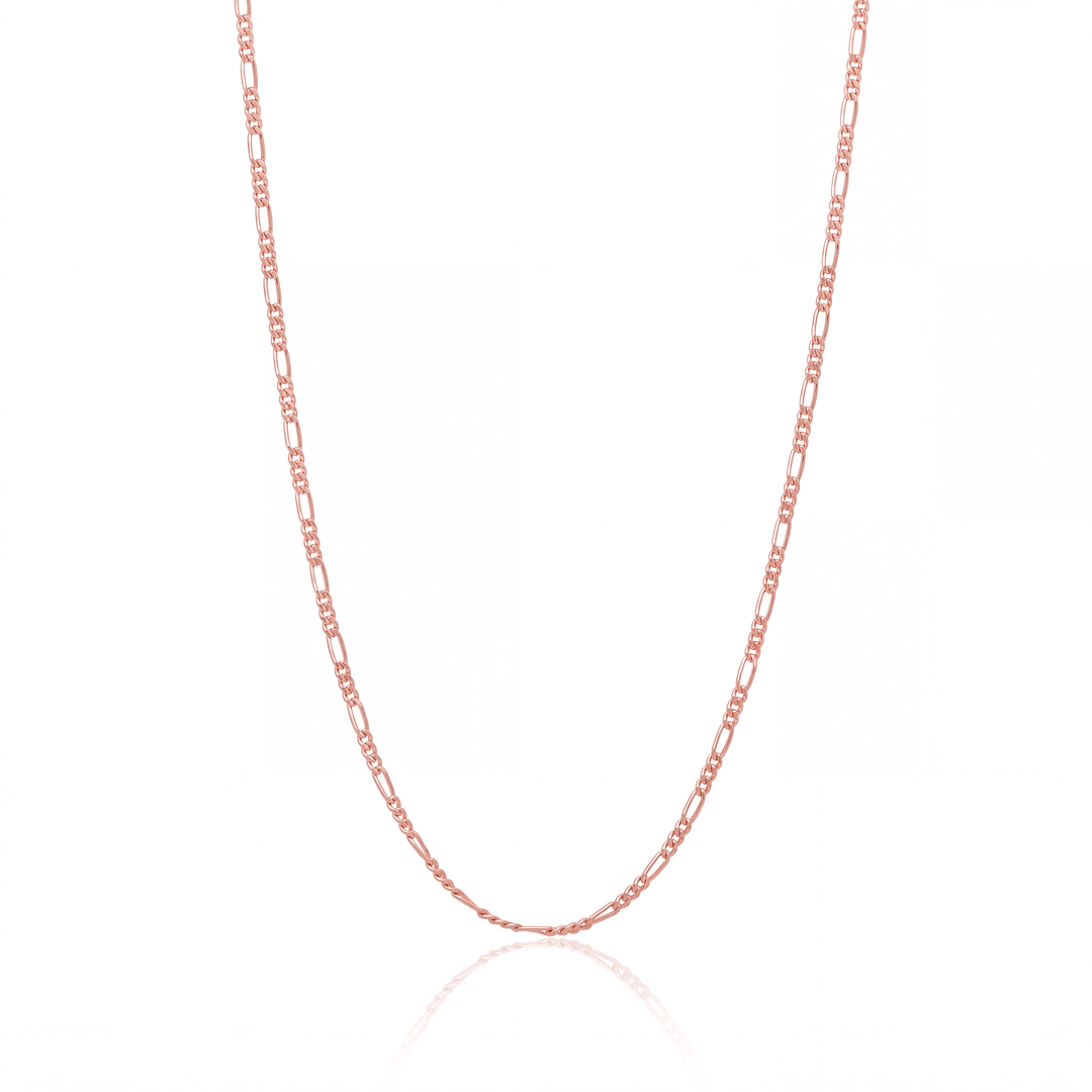 Rose gold figaro chain necklace, 2.2 mm flat figaro link chain on white background