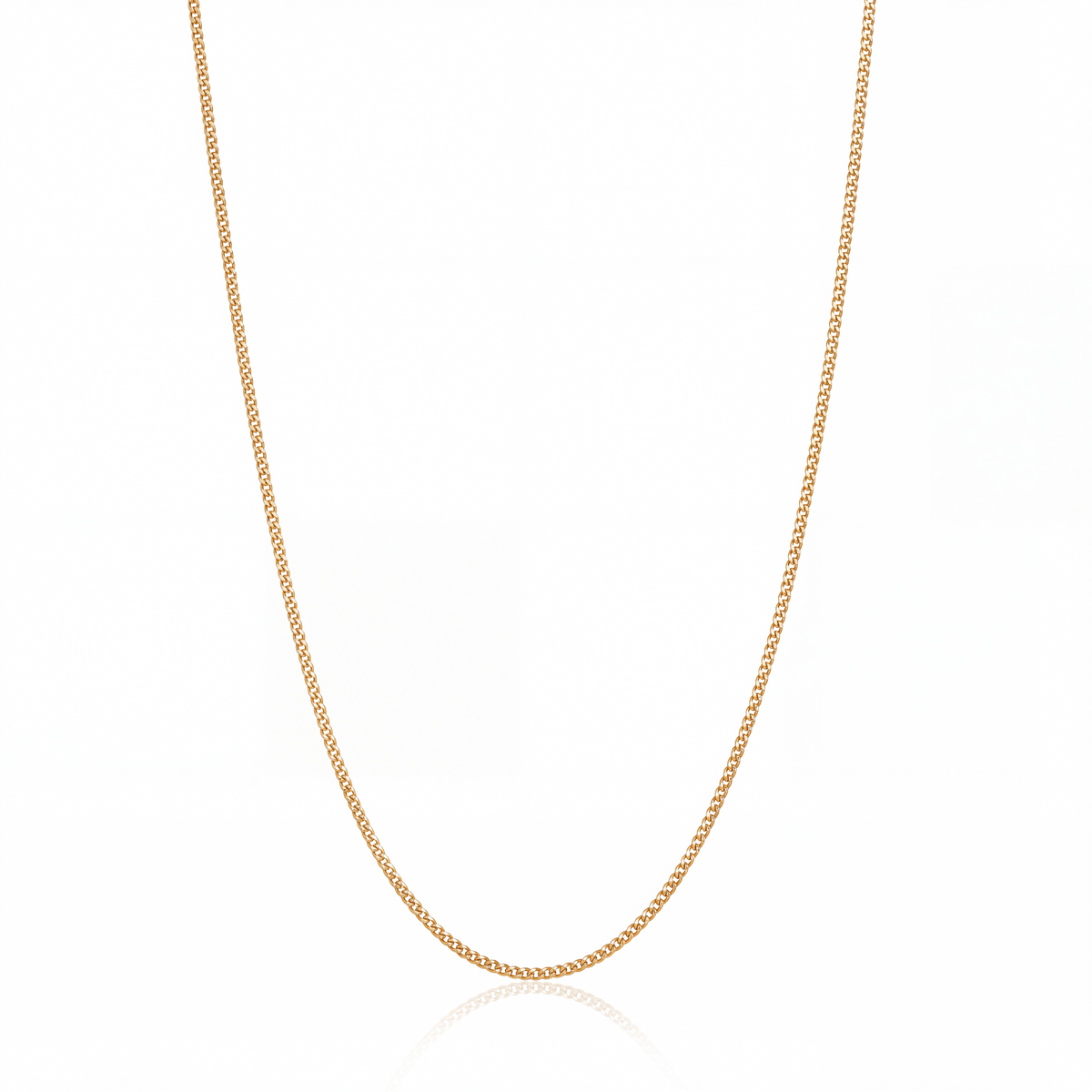 Fine curb chain necklace in 18K gold, 1.5 mm flat curb chain on white background