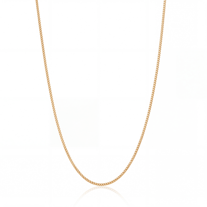 Fine curb chain necklace in 18K gold, 1.5 mm flat curb chain on white background