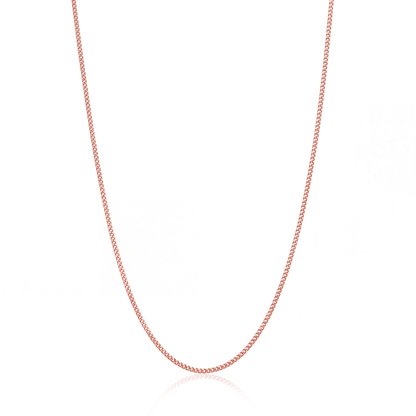 Rose gold fine curb chain necklace, 1.5 mm flat curb chain on white background