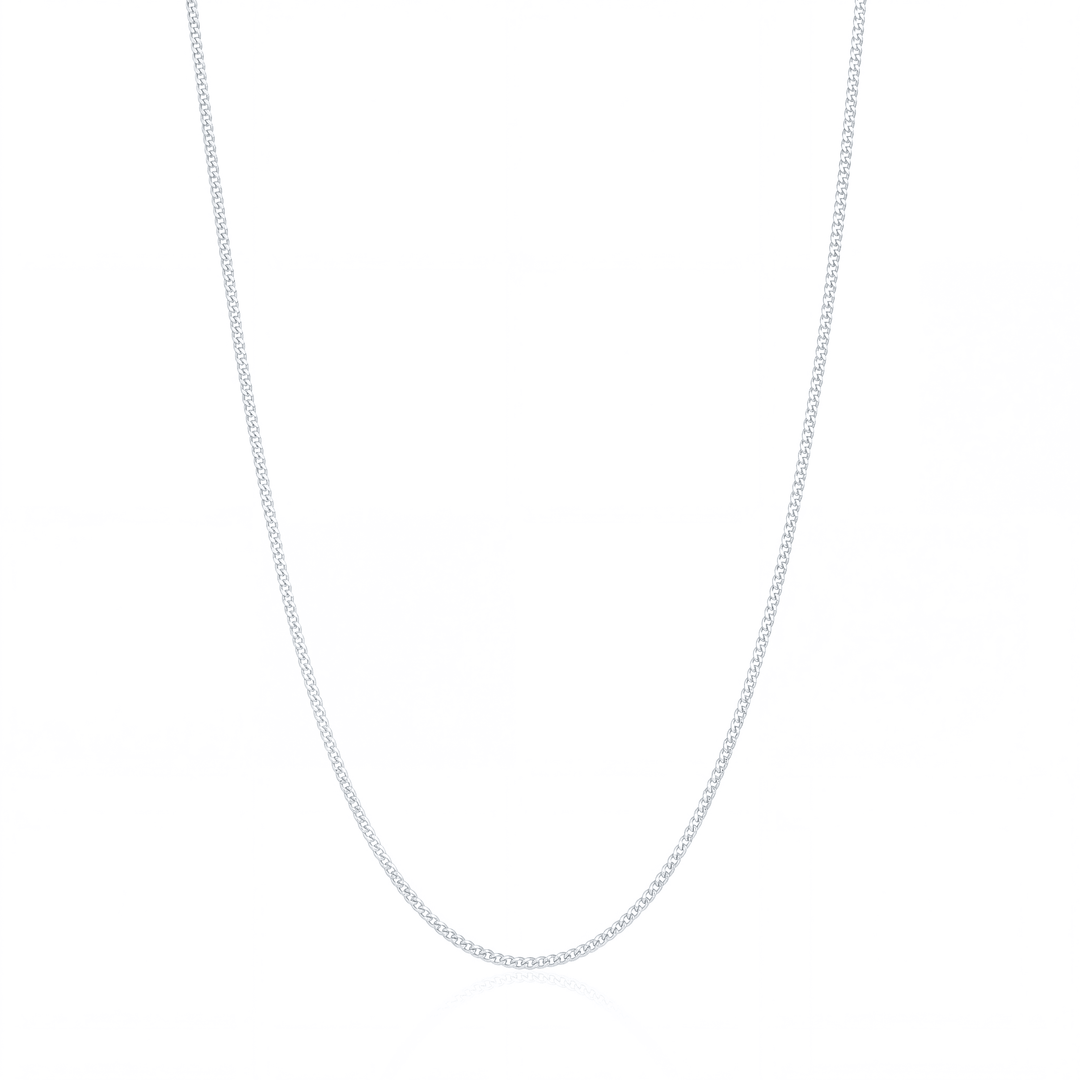 Silver fine curb chain necklace, 1.5 mm flat curb chain on white background