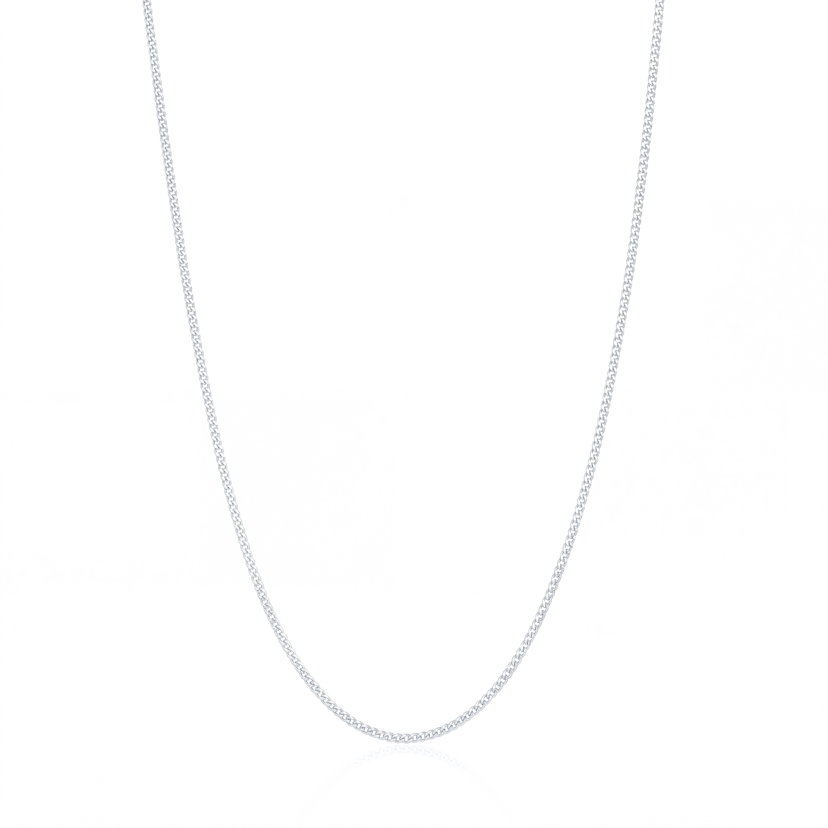 Silver fine curb chain necklace, 1.5 mm flat curb chain on white background