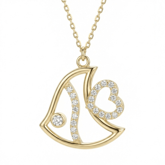 Fish pendant necklace in 14K solid gold: an open fish outline with a bezel-set CZ eye, a curved CZ stripe and an open CZ heart.