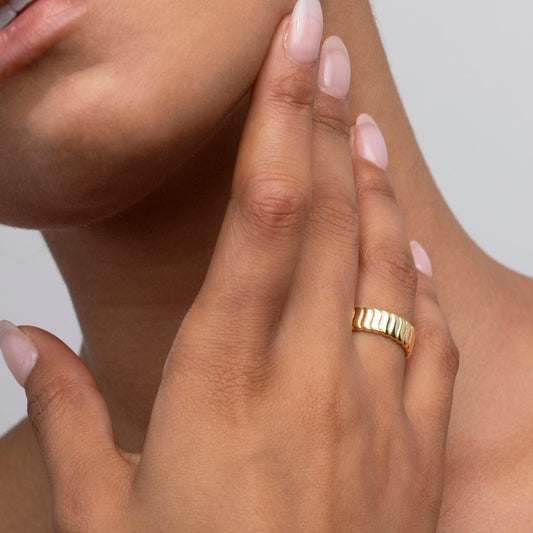 Close detail of the Flat Croissant Adjustable Stackable Ring in 18K Gold Vermeil. Hypoallergenic, no green marks, premium.