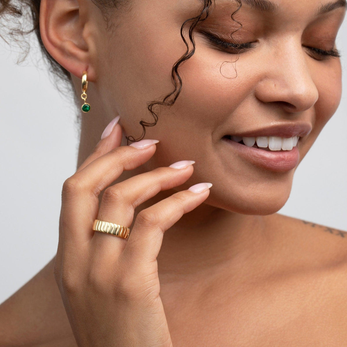 The Flat Croissant Adjustable Stackable Ring styled in 18K Gold Vermeil — elegant everyday jewelry. Tarnish-resistant.