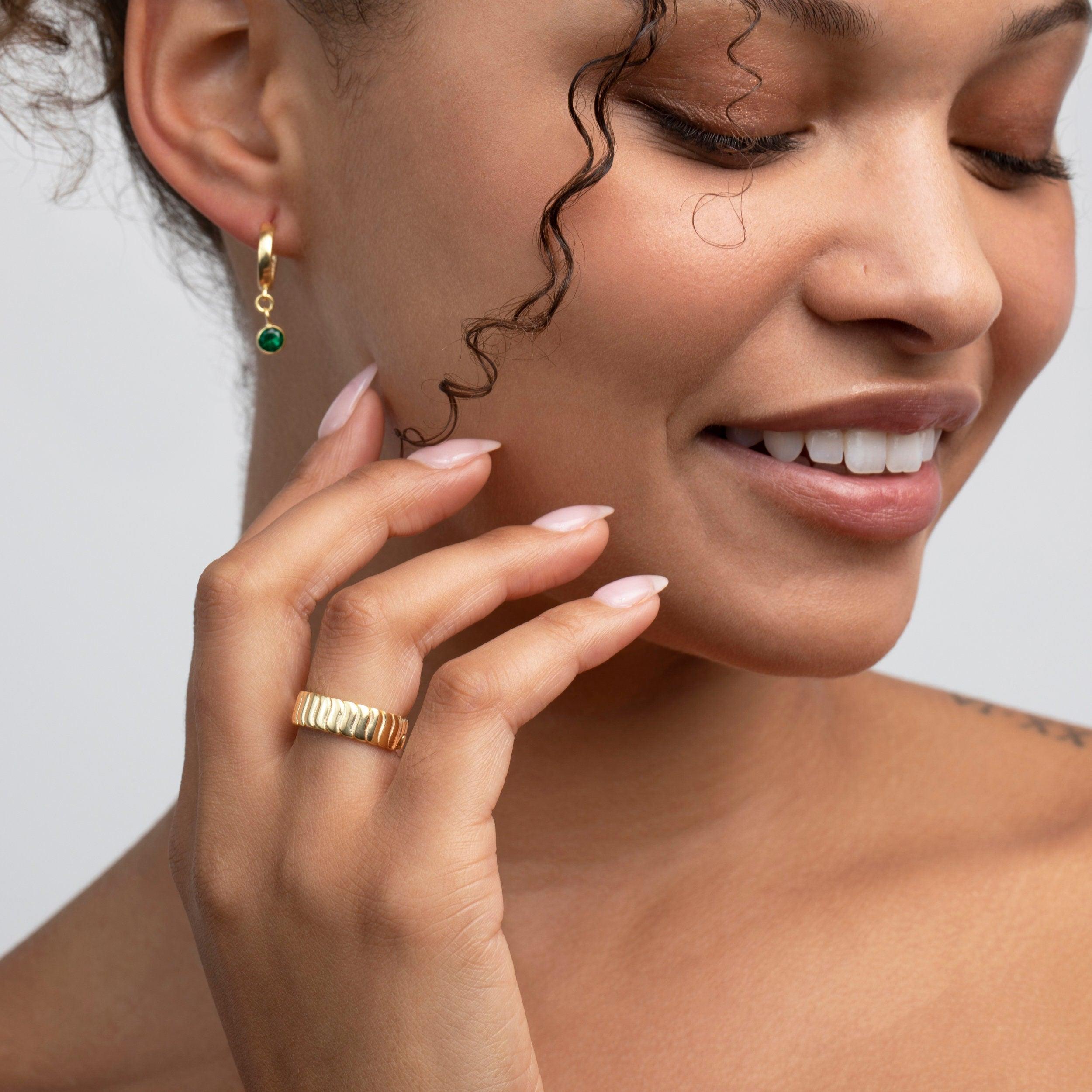 The Flat Croissant Adjustable Stackable Ring styled in 18K Gold Vermeil — elegant everyday jewelry. Tarnish-resistant.