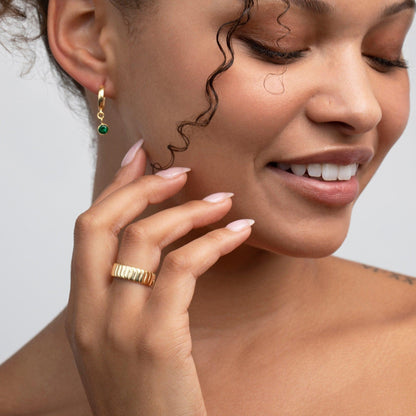 The Flat Croissant Adjustable Stackable Ring styled in 18K Gold Vermeil — elegant everyday jewelry. Tarnish-resistant.