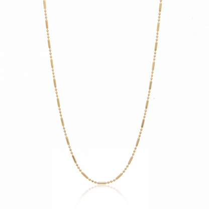 Flat link chain necklace in 18K gold, 1.5 mm bar and bead chain on white background