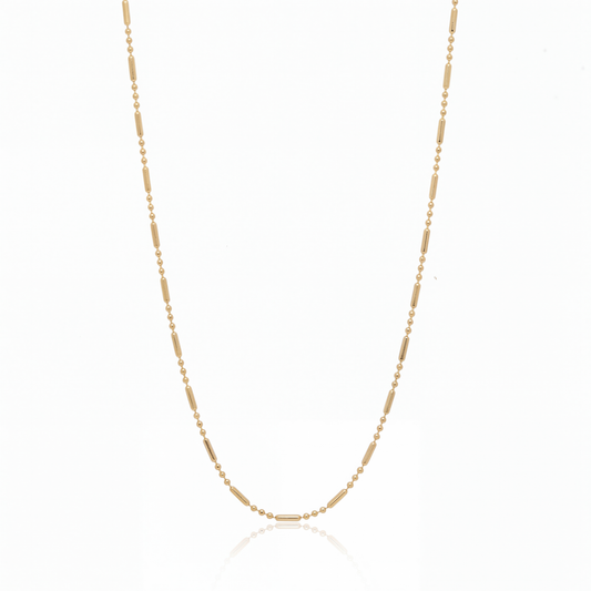 Flat link chain necklace in 18K gold, 1.5 mm bar and bead chain on white background