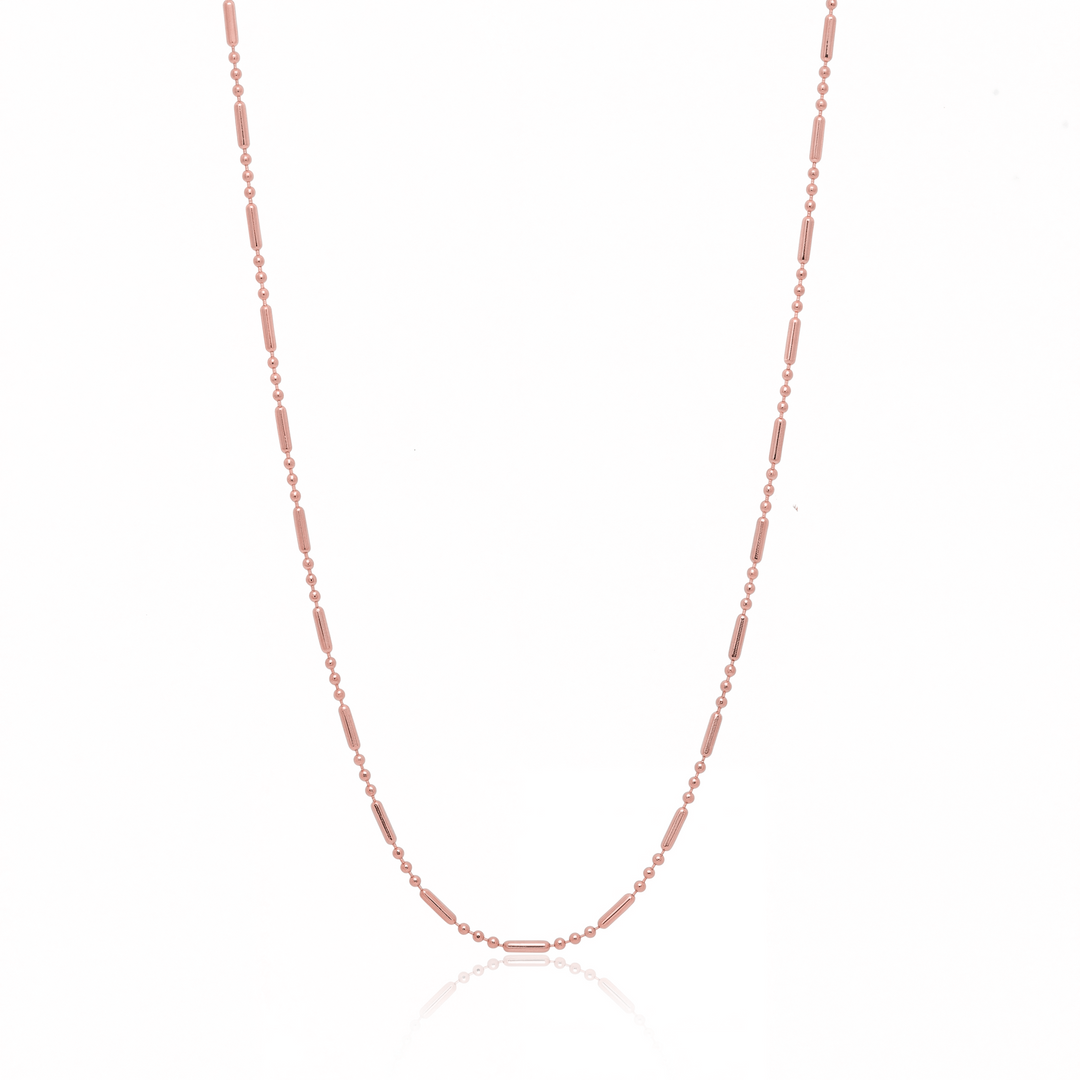 Rose gold flat link chain necklace, 1.5 mm bar and bead chain on white background