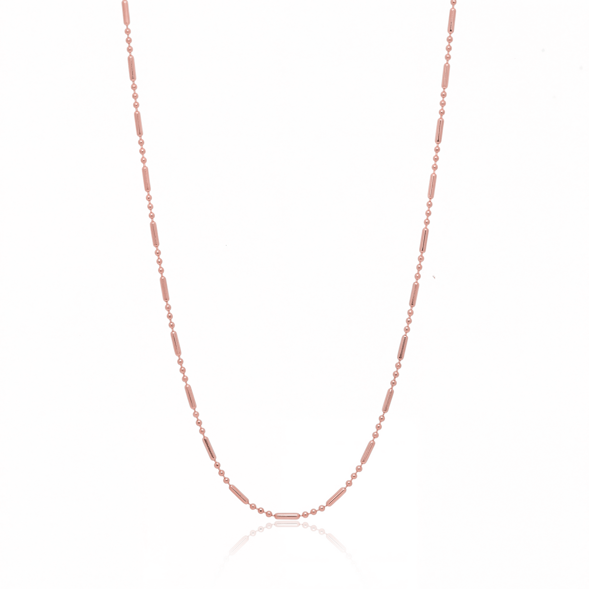 Rose gold flat link chain necklace, 1.5 mm bar and bead chain on white background