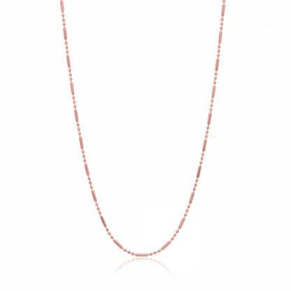 Rose gold flat link chain necklace, 1.5 mm bar and bead chain on white background