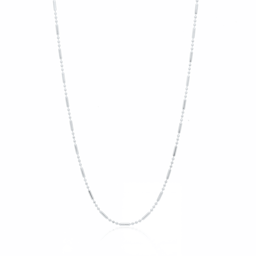 Silver flat link chain necklace, 1.5 mm bar and bead chain on white background