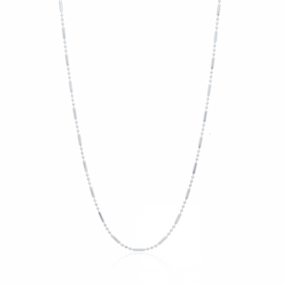 Silver flat link chain necklace, 1.5 mm bar and bead chain on white background