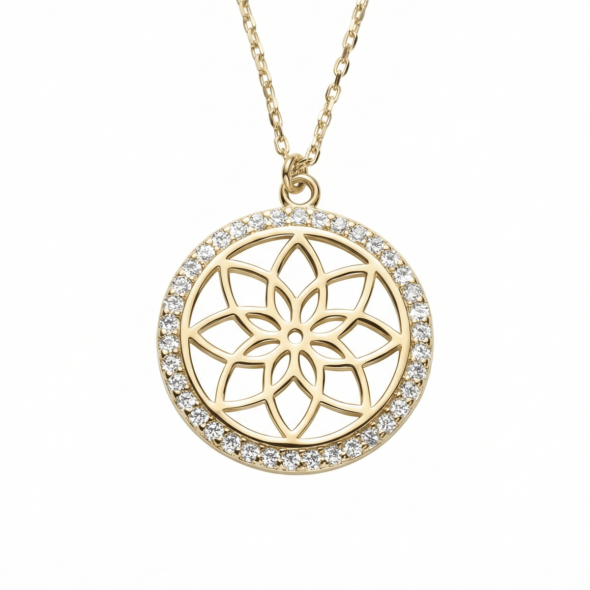 Flower of Life Necklace in 14K solid gold: an openwork eight-petal flower inside a halo of small round CZ stones, on a white background.