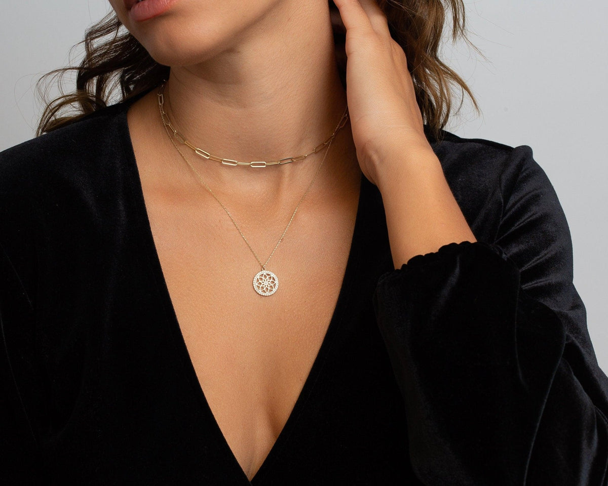 The Flower of Life Necklace styled in 18K Gold Vermeil — elegant everyday jewelry. Hypoallergenic, no green marks.