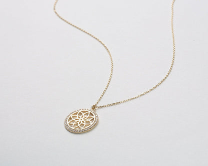 The Flower of Life Necklace as a daily wear gift in 18K Gold Vermeil. Safe for sensitive skin, made for keeping.
