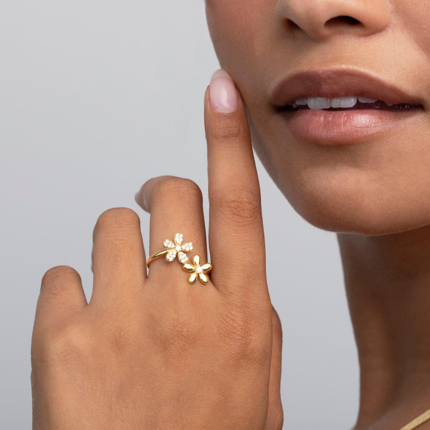The Flower Ring styled in 18K Gold Vermeil — elegant everyday jewelry. Tarnish-resistant.