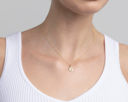 Close detail of the Four Leaf Clover Necklace in 18K Gold Vermeil. Safe for sensitive skin, premium handmade jewelry.