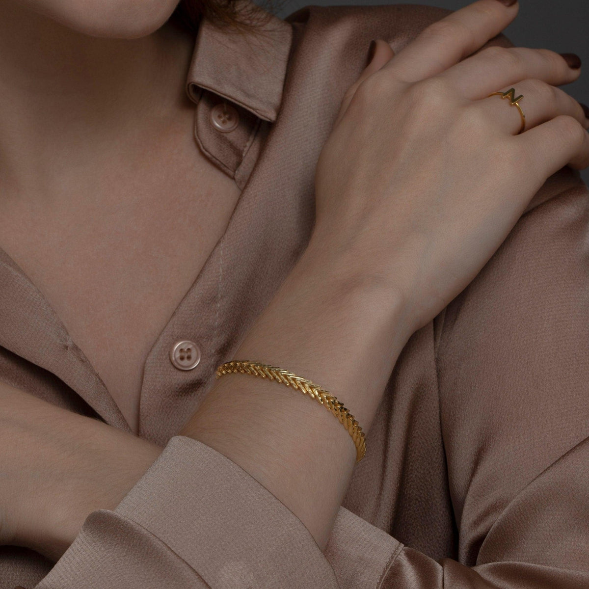 The Foxtail Bracelet styled in 18K Gold Vermeil — elegant everyday jewelry. Hypoallergenic, no green marks.