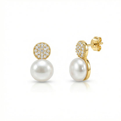 Freshwater Pearl Pavé Circle Earrings in 18K Gold Vermeil with Freshwater Pearl and CZ Diamond. No green marks, perfect.