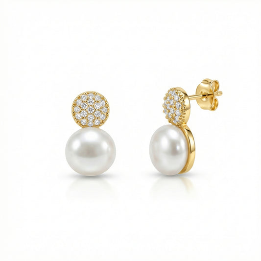 Freshwater Pearl Pavé Circle Earrings in 18K Gold Vermeil with Freshwater Pearl and CZ Diamond. No green marks, perfect.