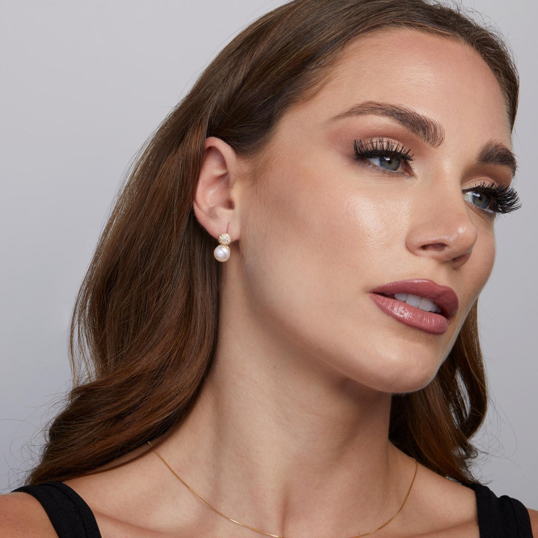 Freshwater Pearl Pavé Circle Earrings in Glamour Jewelry House gift box — 18K Gold Vermeil bachelorette gift. No green marks.