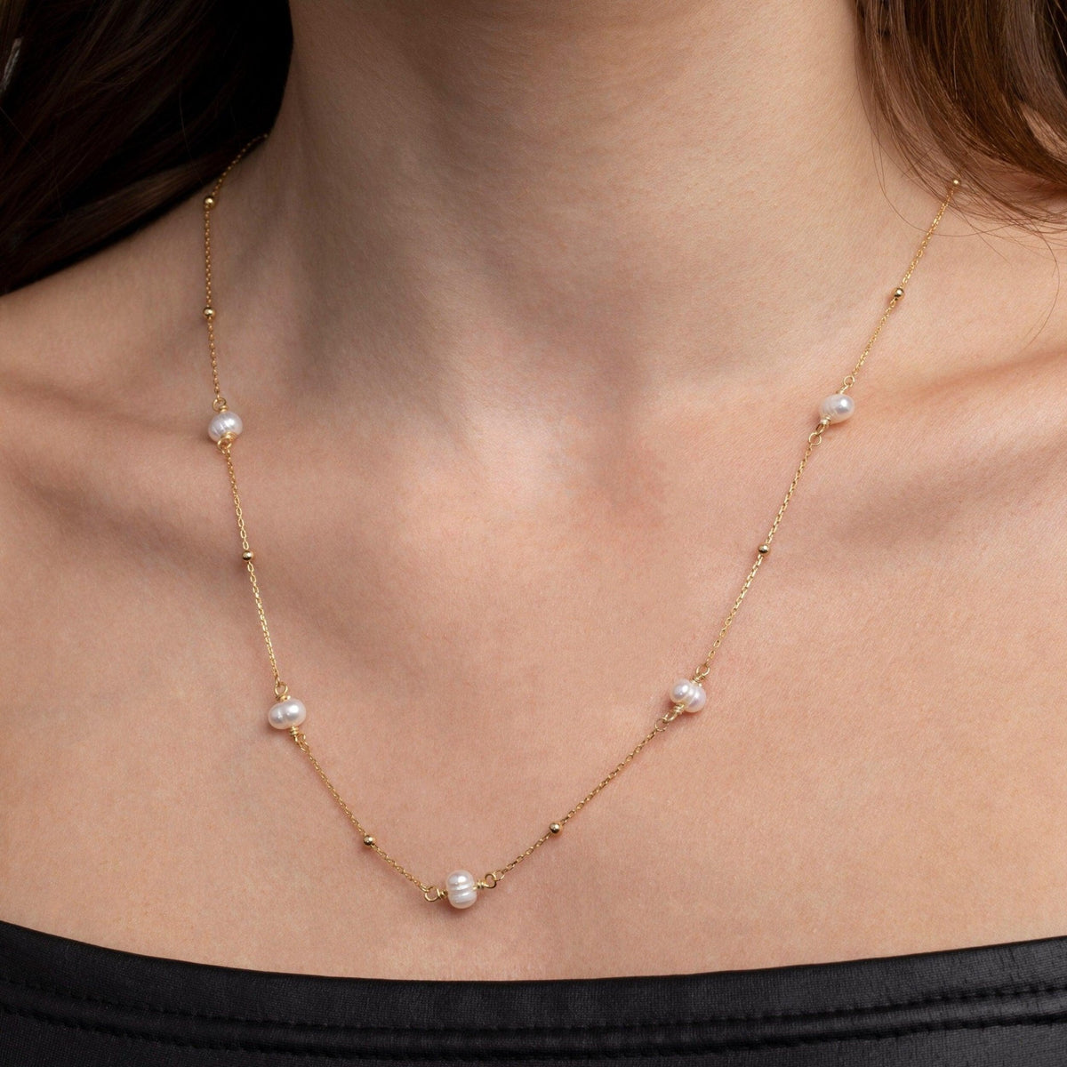 The Freshwater Pearl Satellite Necklace styled in 18K Gold Vermeil — elegant everyday jewelry. Tarnish-resistant.