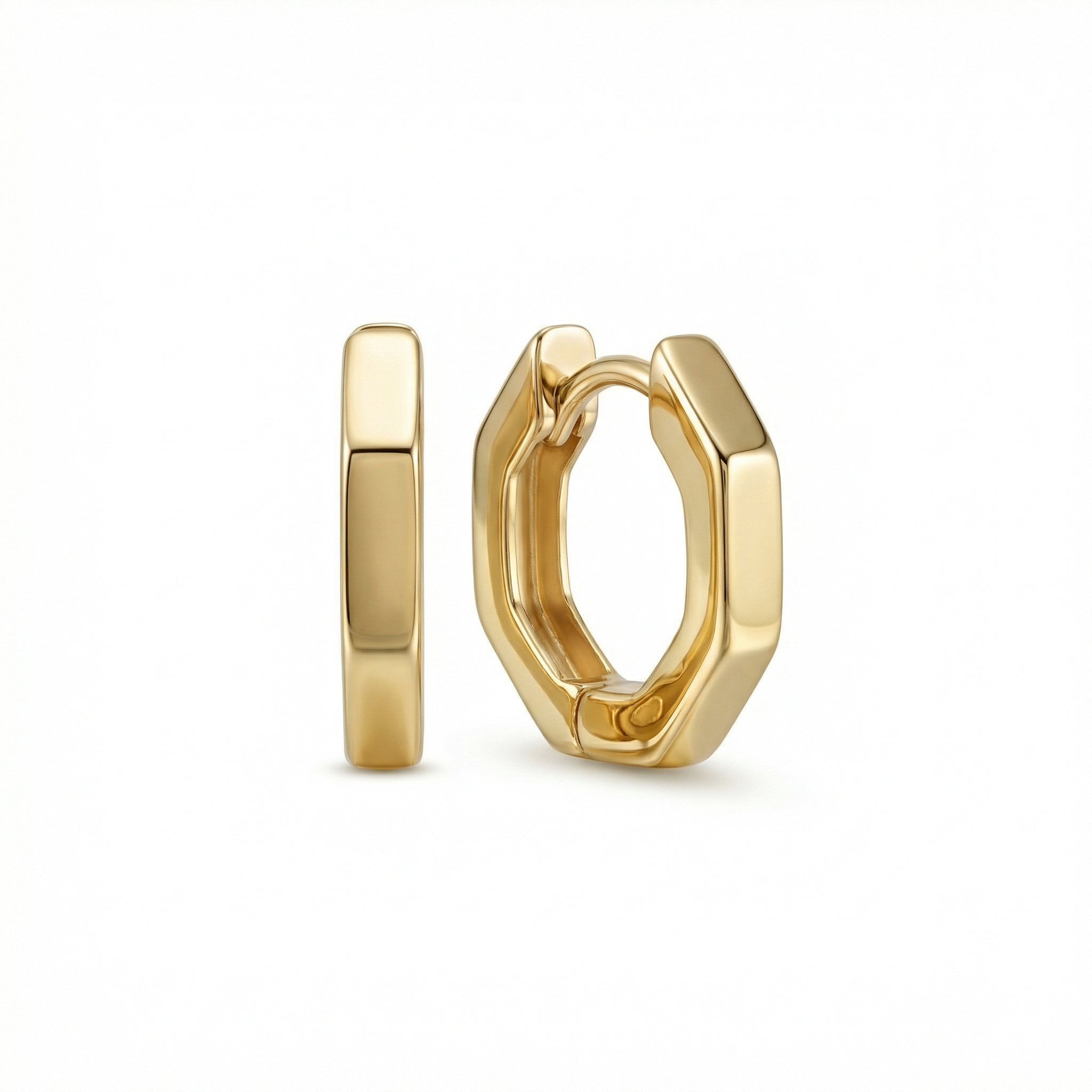 Geometric Hexagon Huggie Earrings in 18K Gold Vermeil. No green marks, perfect for daily wear.