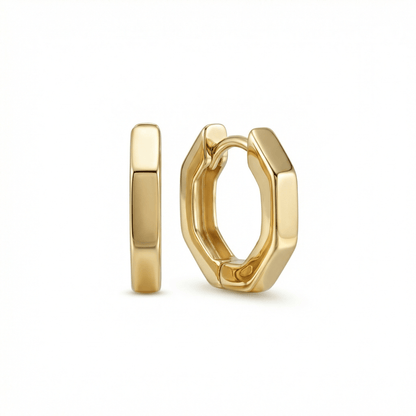 Geometric Hexagon Huggie Earrings in 18K Gold Vermeil. No green marks, perfect for daily wear.
