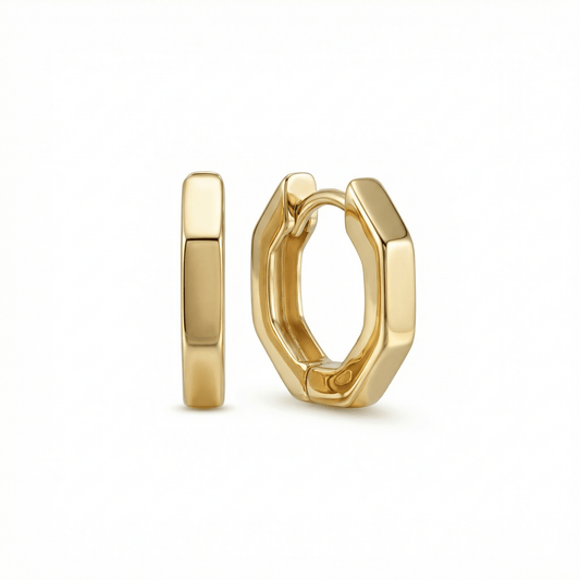 Geometric Hexagon Huggie Earrings in 18K Gold Vermeil. No green marks, perfect for daily wear.