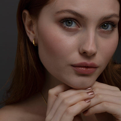 Geometric Hexagon Huggie Earrings in Glamour Jewelry House gift box — 18K Gold Vermeil daily wear gift. No green marks.