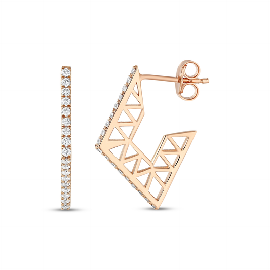 Geometric openwork natural diamond hoop earring in 14K rose gold: the front diamond bar and the side view with its triangle lattice