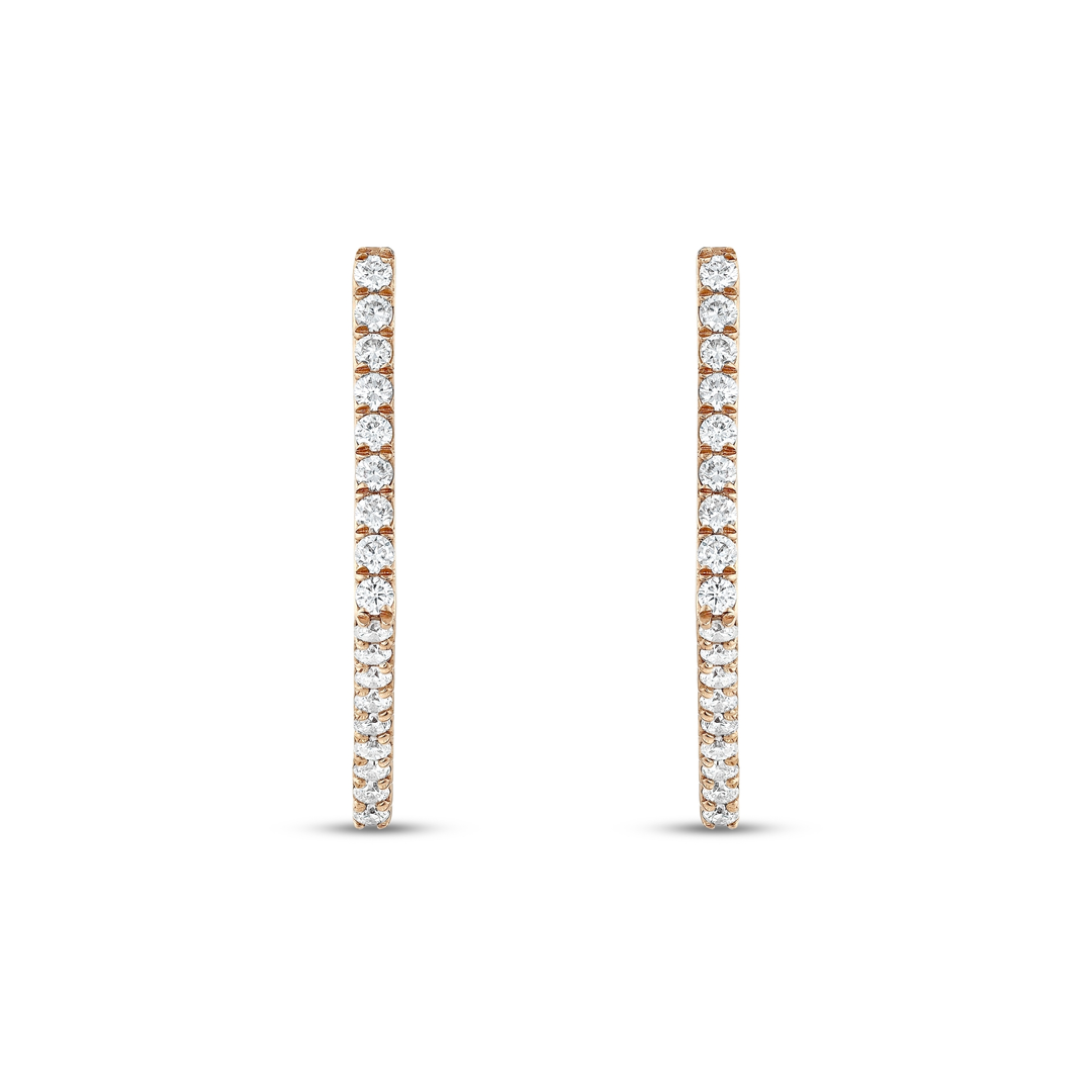 Pair of geometric natural diamond hoop earrings in 14K rose gold seen from the front, a single row of round diamonds on each