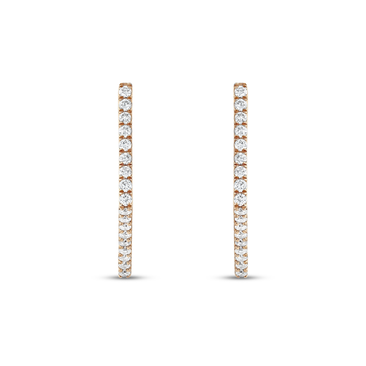Pair of geometric natural diamond hoop earrings in 14K rose gold seen from the front, a single row of round diamonds on each
