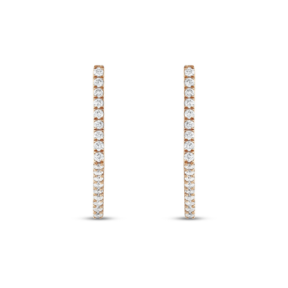 Pair of geometric natural diamond hoop earrings in 14K rose gold seen from the front, a single row of round diamonds on each
