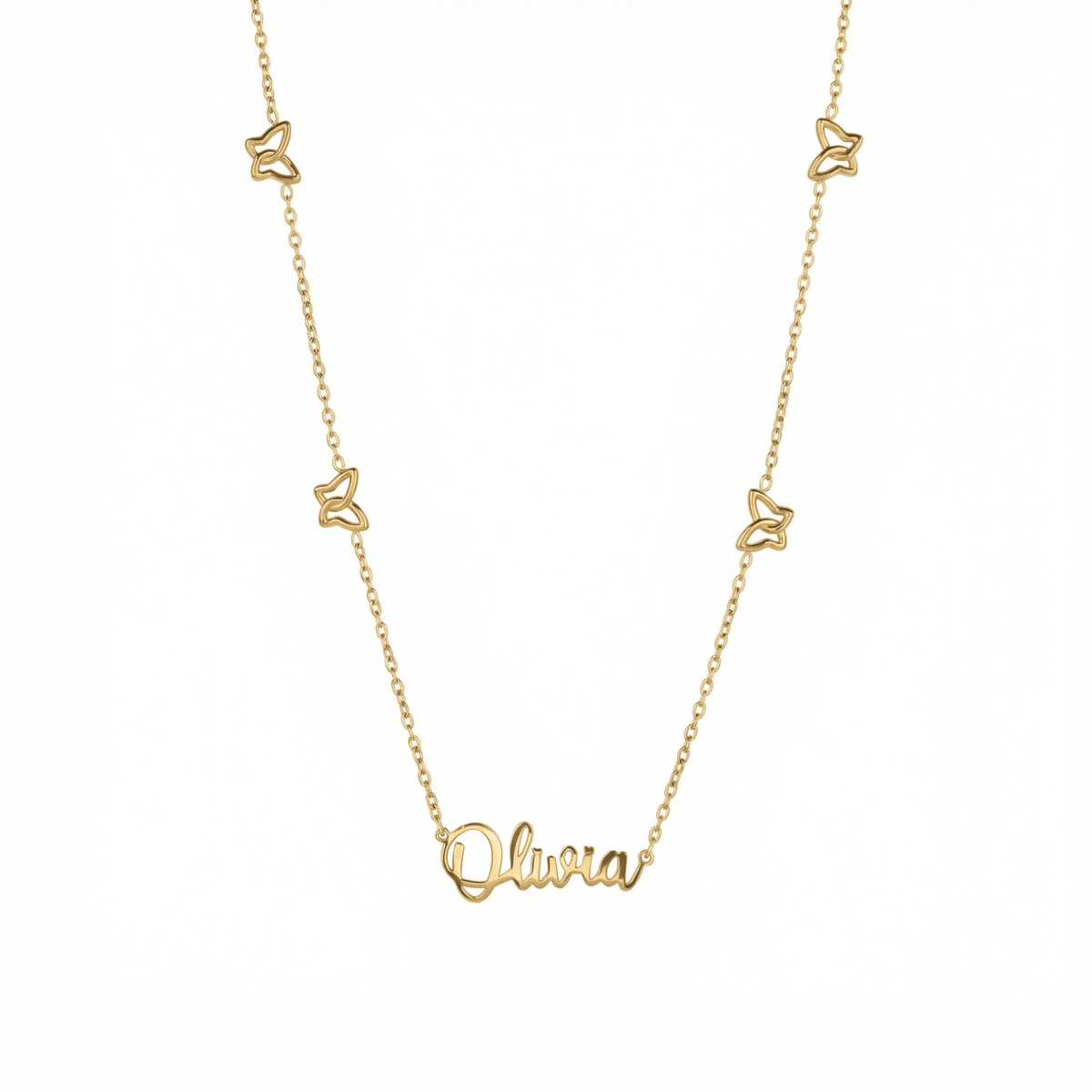 Gold Butterfly Name Necklace — gold script nameplate with four open butterfly charms on a cable chain.